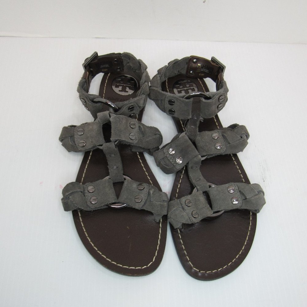 Tory Burch Gunmetal Gray Flat Ankle Strat Suede Sandals